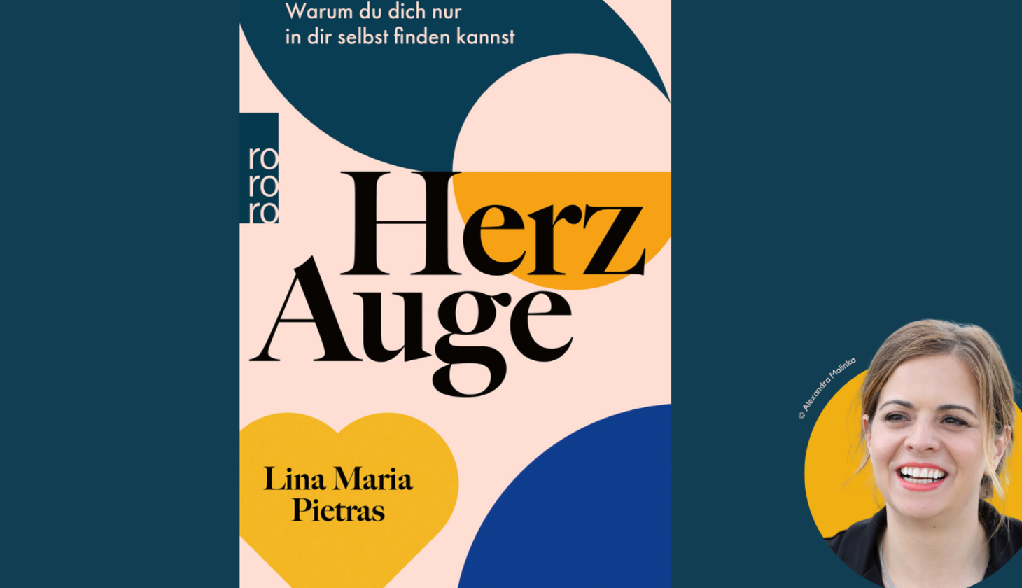 Das Cover des Buches "Herzauge" von Lina Maria Pietras mit einem Foto der lächelnden Autorin an der Seite.