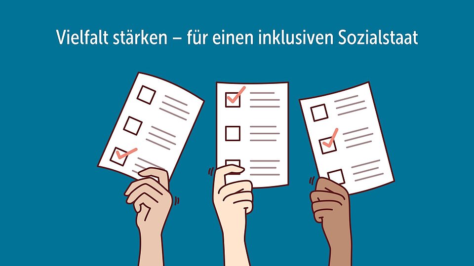 Drei Hände halten Stimmzettel in die Höhe. Darüber steht der Satz: