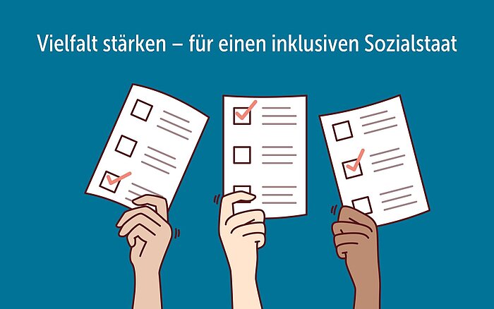 Drei Hände halten Stimmzettel in die Höhe. Darüber steht der Satz: