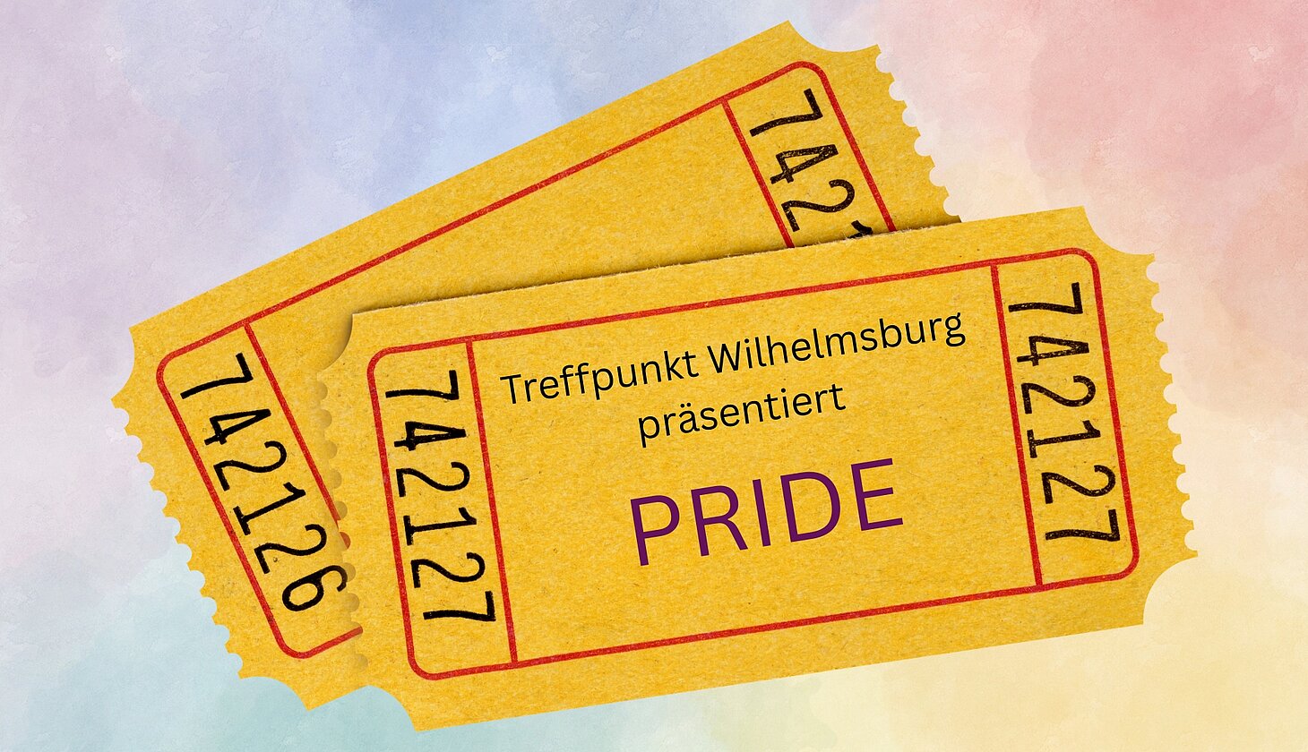 Zwei gelbe Kinotickets liegen auf einem pastellfarbenen Hintergrund. Auf dem vorderen Ticket steht: „Treffpunkt Wilhelmsburg präsentiert PRIDE“.