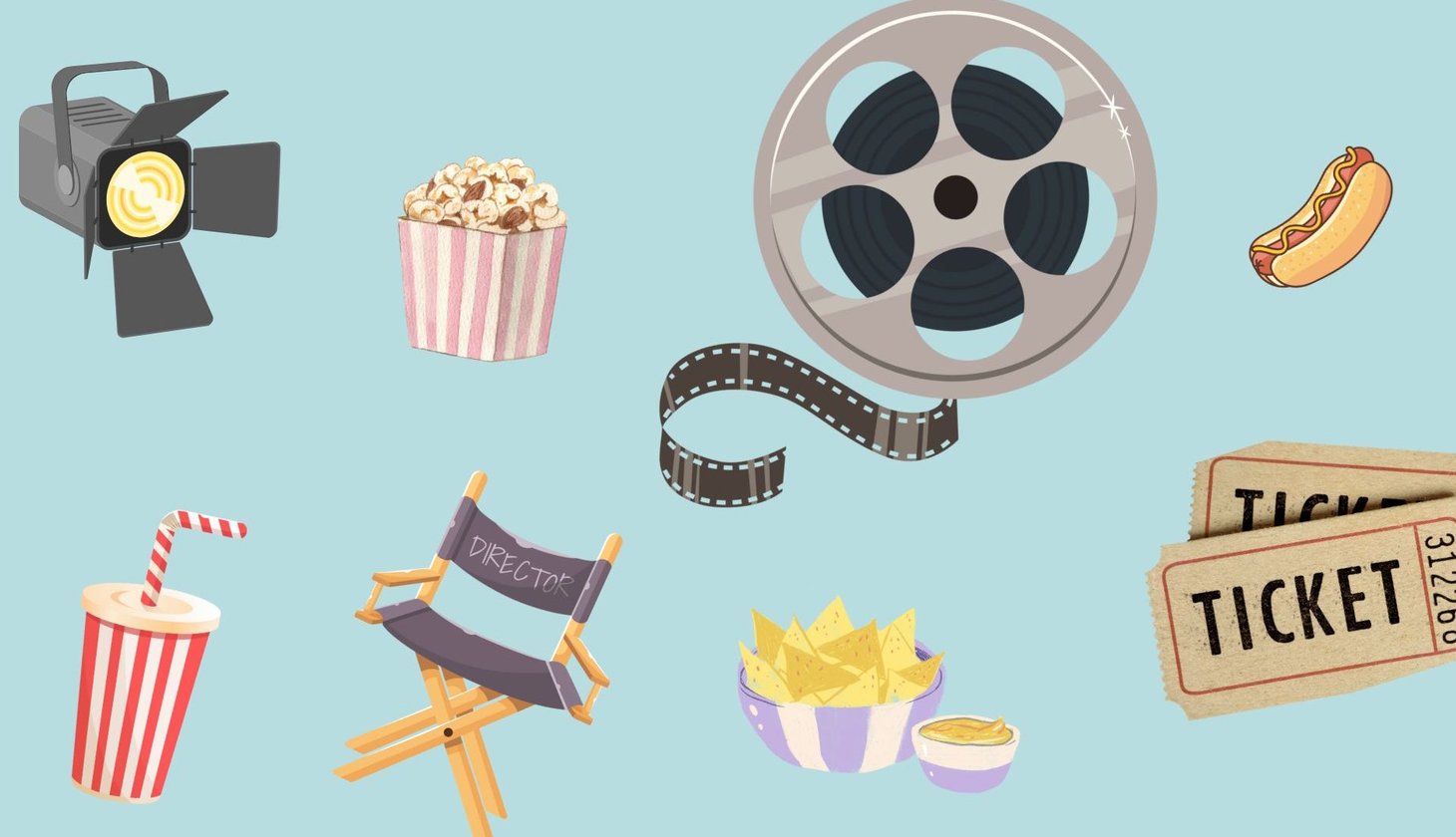 Illustration rund ums Thema Kino: Zu sehen sind ein Filmprojektor, ein Popcornbecher, eine Filmrolle mit Filmstreifen, ein Hotdog, zwei Kinotickets, ein Regiestuhl, eine Schale Nachos mit Dip und ein gestreifter Becher mit Strohhalm. Alle Elemente sind auf hellblauem Hintergrund verteilt.