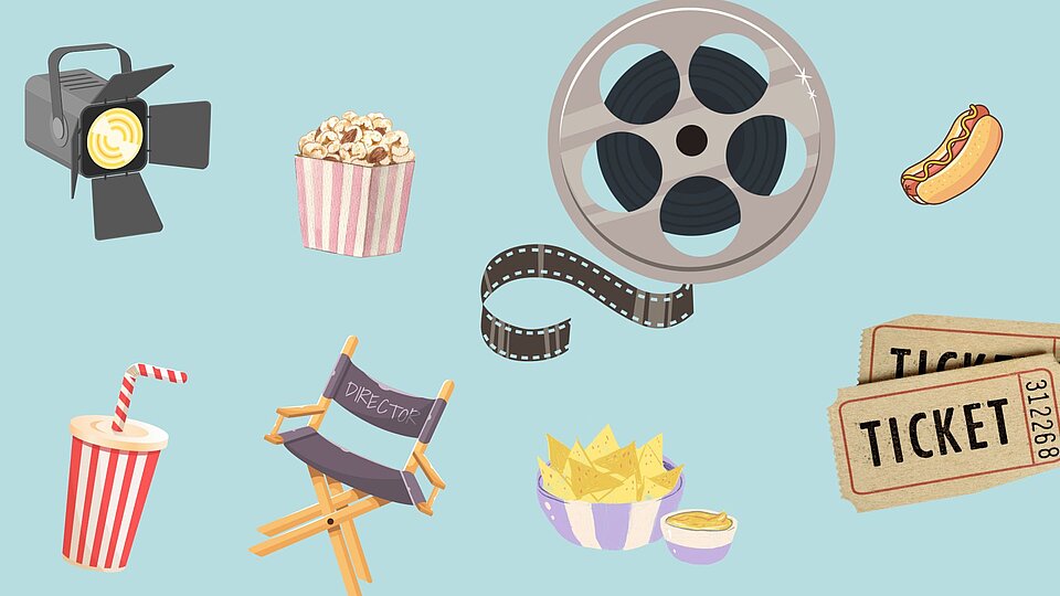 Illustration rund ums Thema Kino: Zu sehen sind ein Filmprojektor, ein Popcornbecher, eine Filmrolle mit Filmstreifen, ein Hotdog, zwei Kinotickets, ein Regiestuhl, eine Schale Nachos mit Dip und ein gestreifter Becher mit Strohhalm. Alle Elemente sind auf hellblauem Hintergrund verteilt.