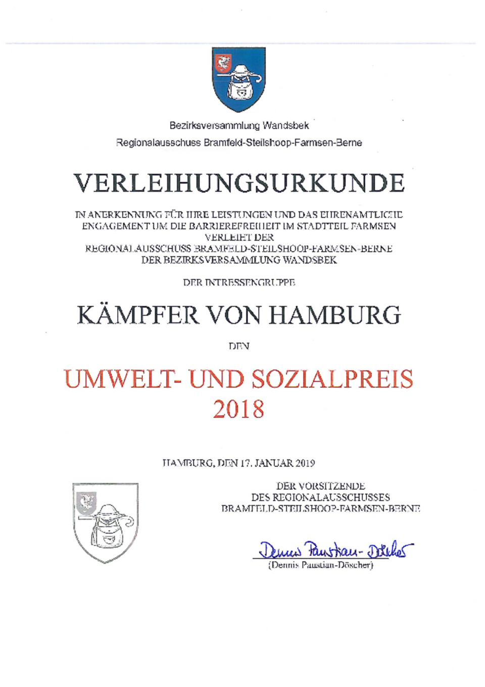 Urkunde Umwelt- und Sozialpreis 2018
