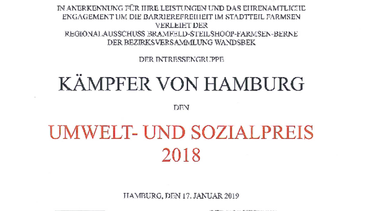 Urkunde Umwelt- und Sozialpreis 2018