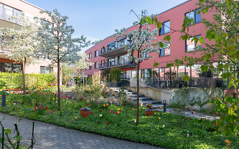 Haus Beerboom von außen im Frühling mit vielen blühenden Bäumen und Tulpen im Vordergrund.