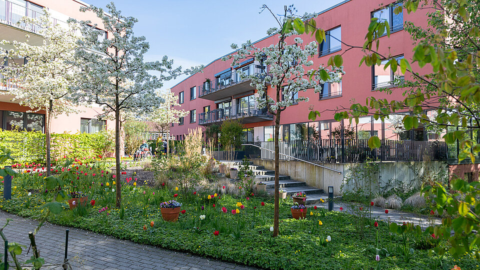 Haus Beerboom von außen im Frühling mit vielen blühenden Bäumen und Tulpen im Vordergrund.