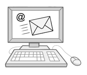 Illustration eines Computers mit Bildschirm, Tastatur und Maus. Auf dem Bildschirm sind ein Briefumschlag und das Symbol „@“ dargestellt.