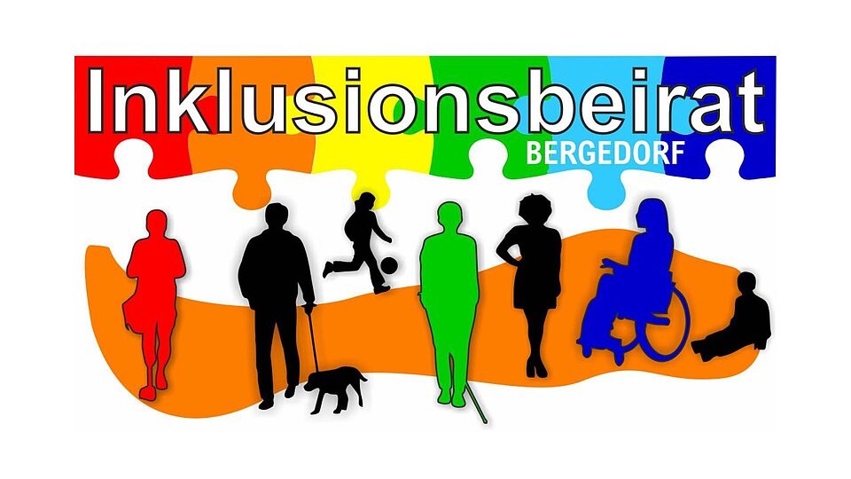 Logo des Inklusionsbeirats Bergedorf. Oben in großen weißen Buchstaben das Wort „Inklusionsbeirat“ vor einem Hintergrund aus bunten Puzzleteilen in Regenbogenfarben. Darunter sind auf einer orangefarbenen Fläche schwarze, rote, grüne und blaue Silhouetten von Menschen mit und ohne Behinderungen dargestellt: darunter ein Kind mit Ball, eine Person mit Blindenstock, ein Mensch im Rollstuhl, eine laufende Person, ein Mensch mit Blindenführhund und eine sitzende Figur. Rechts unten steht das Wort „Bergedorf“ in weißen Großbuchstaben.
