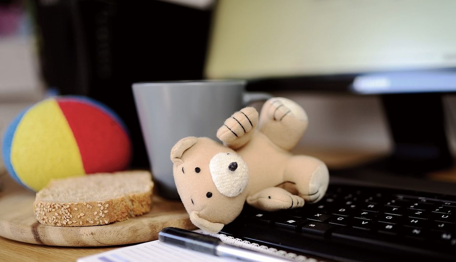Ein Stofftier liegt vor einer Computertastatur, daneben ein Stück Brot, eine Kaffeetasse und ein bunter Ball auf einem Brett auf einem Schreibtisch.