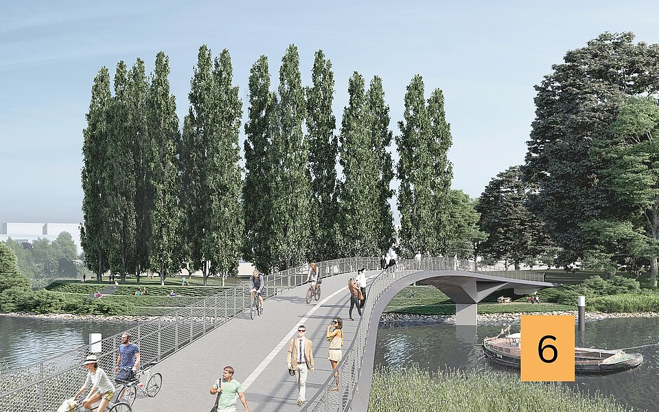 Visualisierung der geplanten Brücke Entenwerder: Eine geschwungene Fuß- und Radwegbrücke führt über das Wasser zu einer Grünanlage mit hohen Bäumen.