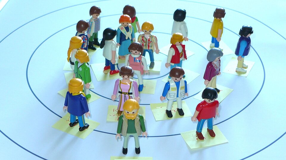 Persönliche Netzwerkkarte– mit Playmobilfiguren und Klebezetteln. Entstanden im Rahmen der Forschung von Dr. Anna Meins: Soziale Netzwerke von Menschen mit geistiger Beeinträchtigung. Eine qualitative Strukturale Analyse unter besonderer Berücksichtigung nachbarschaftlicher Beziehungen.