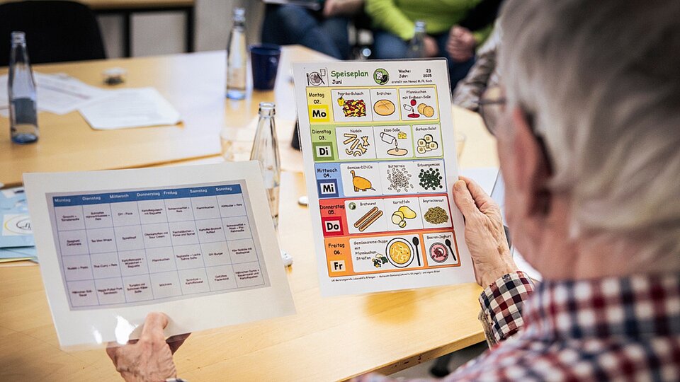 Eine Person vergleicht zwei Versionen eines Essensplans: einen mit Text und einen mit Symbolen, die das Essen darstellen.