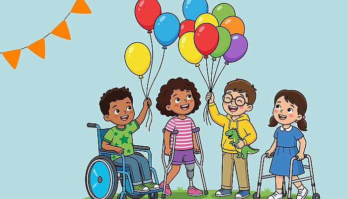 Vier fröhliche Kinder mit Rollstuhl, Krücken und Rollator feiern gemeinsam mit bunten Luftballons. Im Hintergrund hängt eine orangefarbene Wimpelkette.