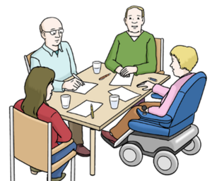 Illustration von vier Personen an einem Tisch mit Papier und Getränken. Eine Person sitzt in einem elektrischen Rollstuhl, die anderen auf Stühlen; alle sind um den Tisch versammelt.