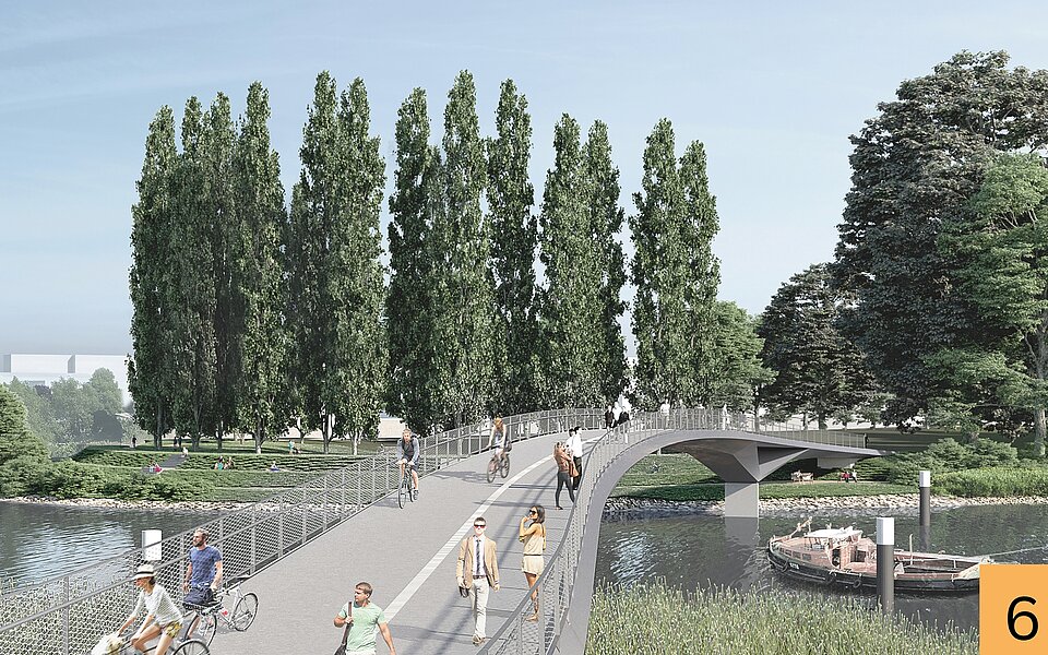 Visualisierung der geplanten Brücke Entenwerder: Eine geschwungene Fuß- und Radwegbrücke führt über das Wasser zu einer Grünanlage mit hohen Bäumen.