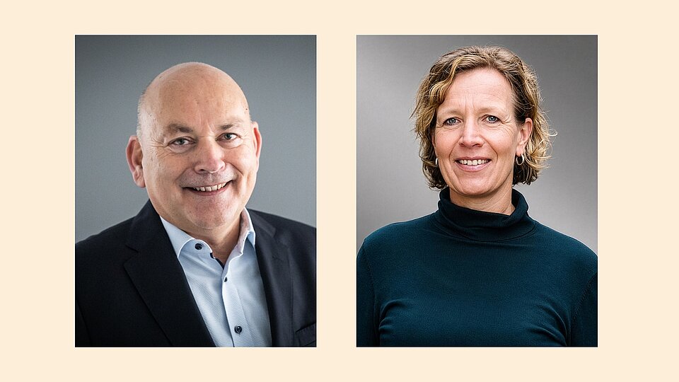 Zwei Porträtfotos vor grauem Hintergrund. Links: Kay Nernheim, der scheidende Geschäftsführer, und rechts, Silke Offermann, die neue Geschäftsführerin des Sozialkontors