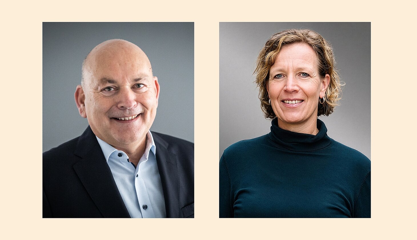 Zwei Porträtfotos vor grauem Hintergrund. Links: Kay Nernheim, der scheidende Geschäftsführer, und rechts, Silke Offermann, die neue Geschäftsführerin des Sozialkontors