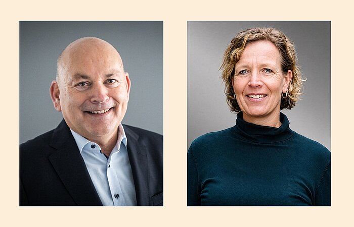 Zwei Porträtfotos vor grauem Hintergrund. Links: Kay Nernheim, der scheidende Geschäftsführer, und rechts, Silke Offermann, die neue Geschäftsführerin des Sozialkontors