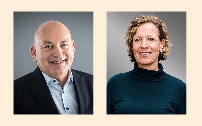 Zwei Porträtfotos vor grauem Hintergrund. Links: Kay Nernheim, der scheidende Geschäftsführer, und rechts, Silke Offermann, die neue Geschäftsführerin des Sozialkontors