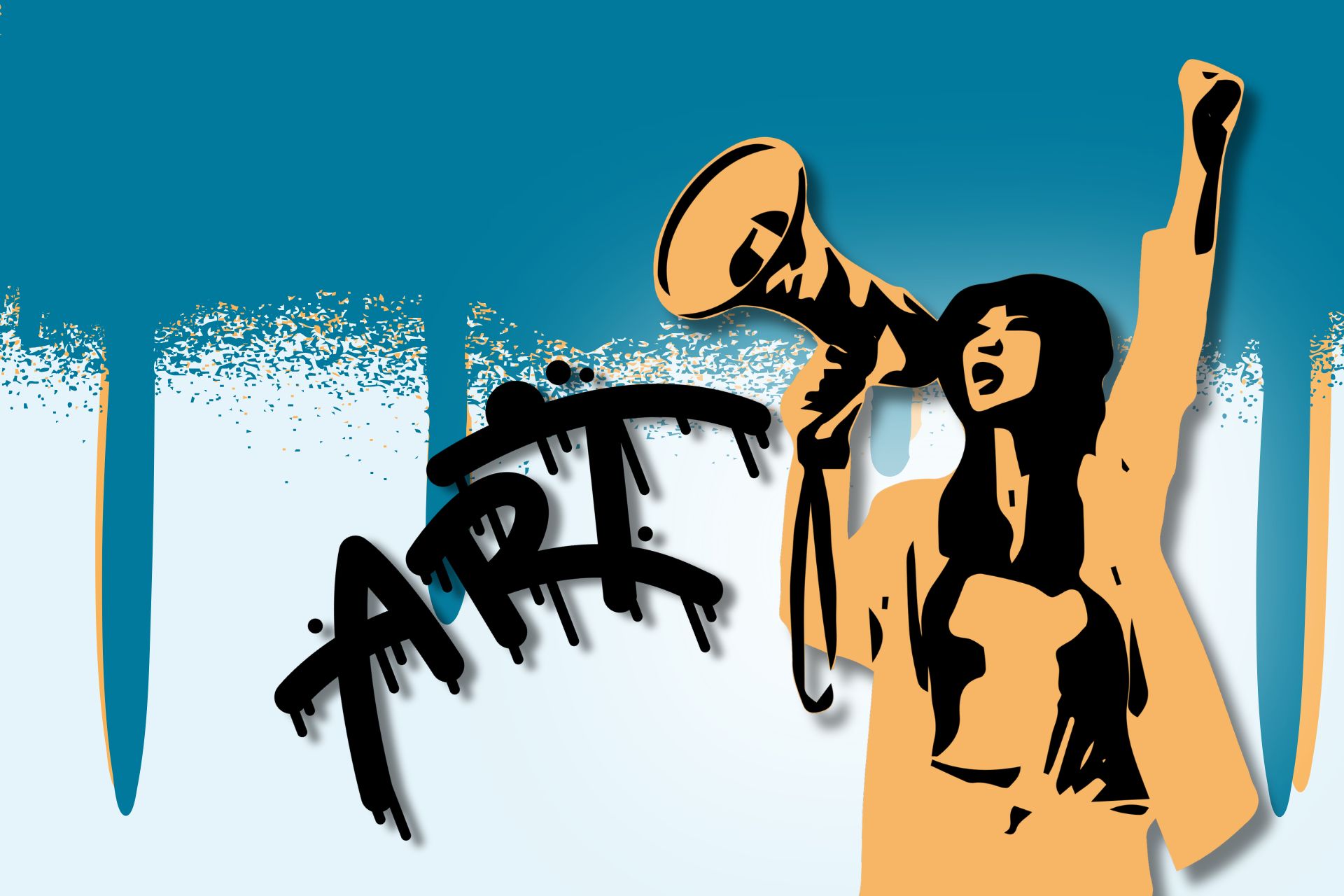 Eine stilisierte Illustration einer protestierenden Frau, die mit erhobenem Arm und geballter Faust in ein Megafon ruft. Neben ihr steht der Schriftzug „ART“ in schwarzer, sprühfarbähnlicher Graffiti-Optik mit Farb-Tropfeffekten. Der Hintergrund ist blau mit hellen Farbverläufen und Spritzern.